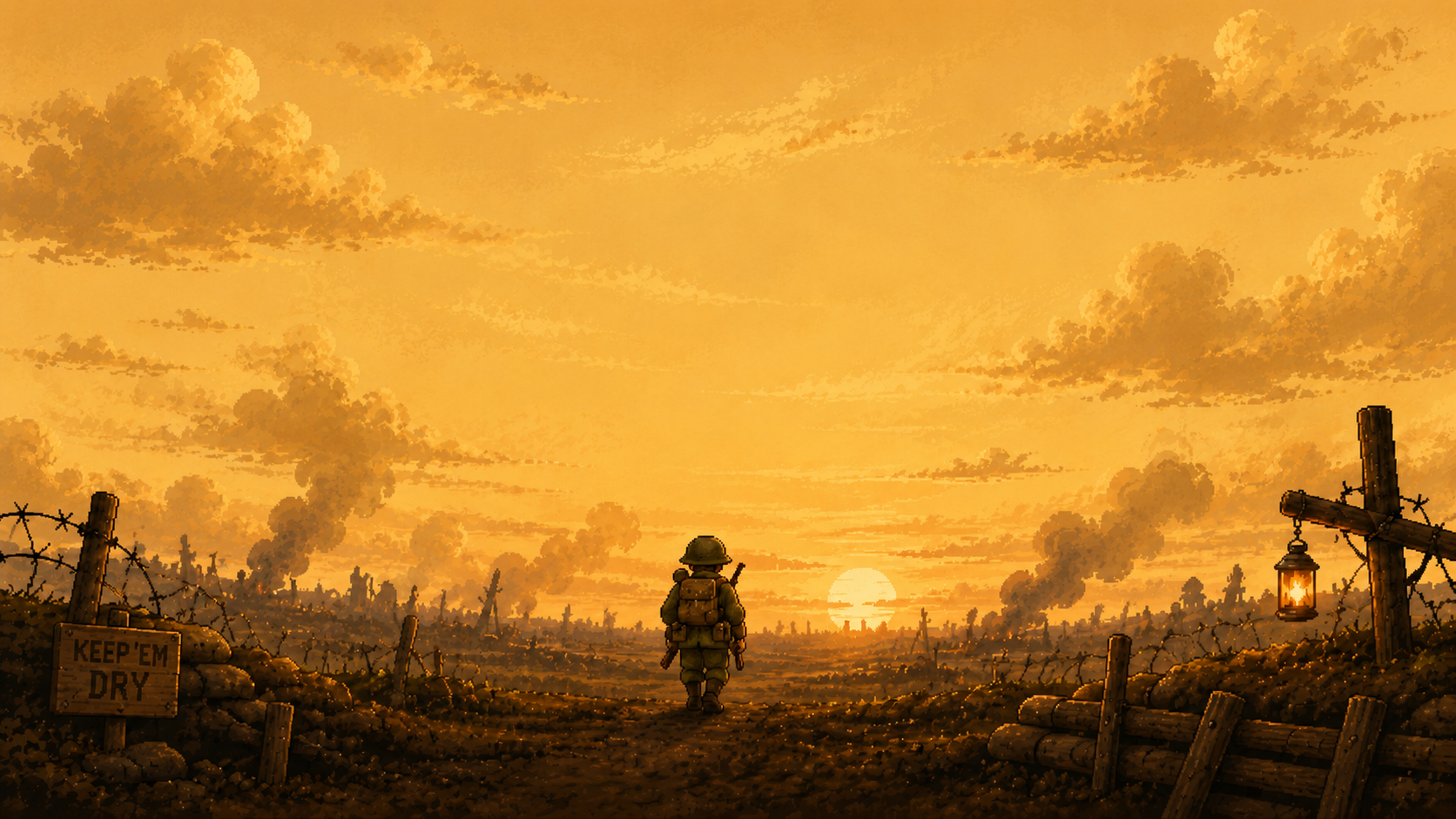 A lone soldier walking toward the sunset across a battered trench field.
