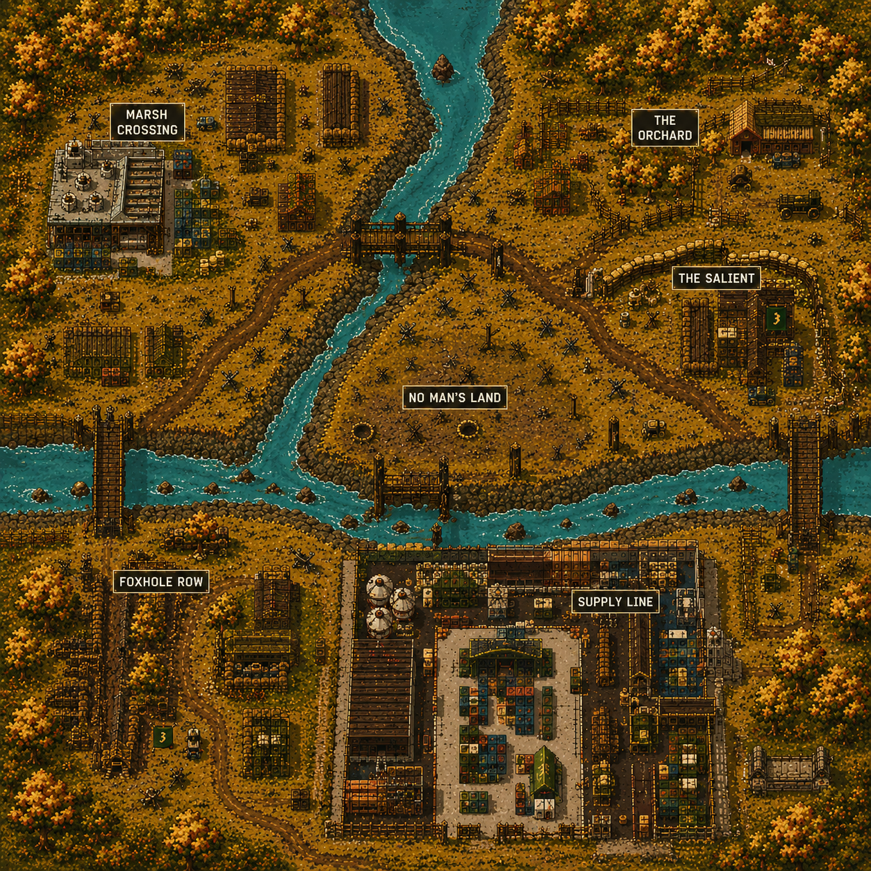 Trench Warz battle map — six zones split by two rivers: Marsh Crossing, The Orchard, The Salient, No Man's Land, Foxhole Row and Supply Line.
